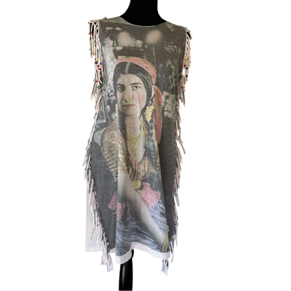 Manoush Distressed Bohemian Girl Portrait T-shirt Dress with Beaded Fringe small